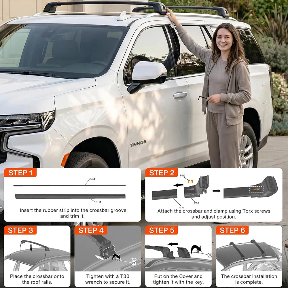 SNAILFLY 220 lbs T-Slot Roof Rack Cross Bars fit for Chevrolet Tahoe Suburban & GMC Yukon & Cadillac Escalade with Flush Side Rails